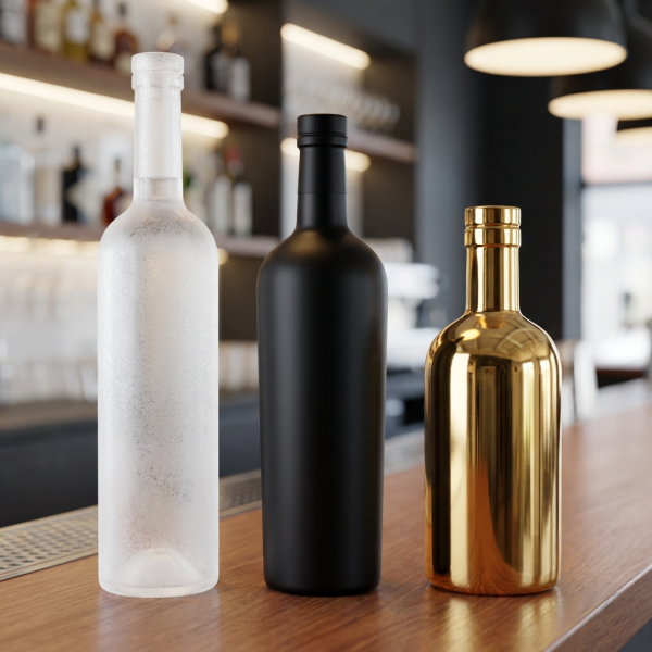 A lineup of custom-finished liquor bottles, including frosted, matte black, and electroplated gold