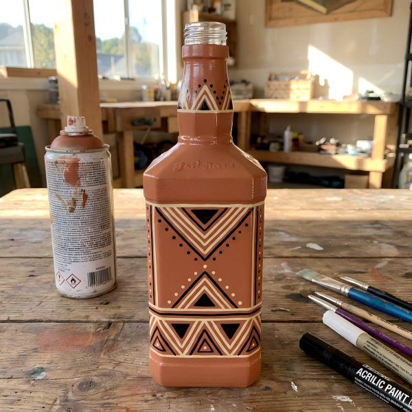 A beautifully painted spirit bottle with simple geometric designs