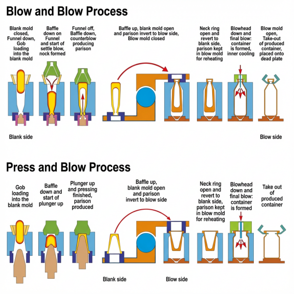A diagram illustrating the Blow-and-Blow and Press-and-Blow glass manufacturing processes.