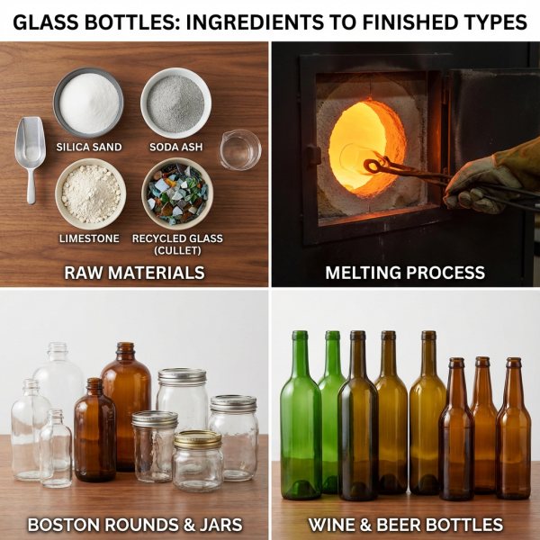 A collage showing the raw materials for glass and various finished bottle types.