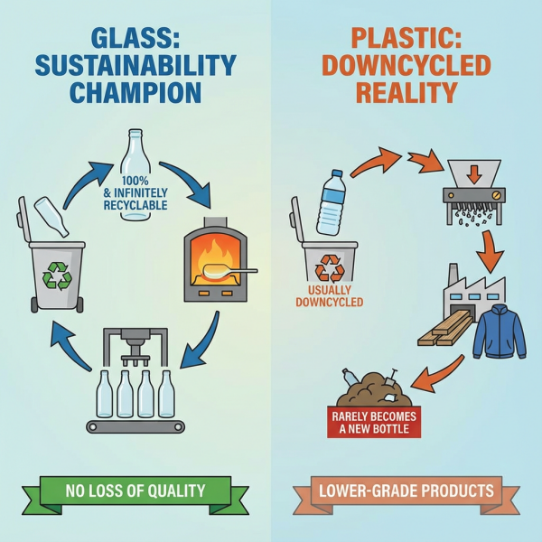 A diagram showing the closed-loop circular economy of glass recycling.