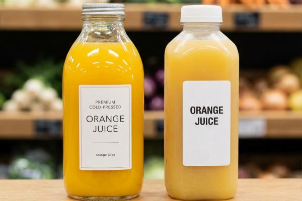 A premium glass bottle of orange juice next to a plastic one on a shelf.