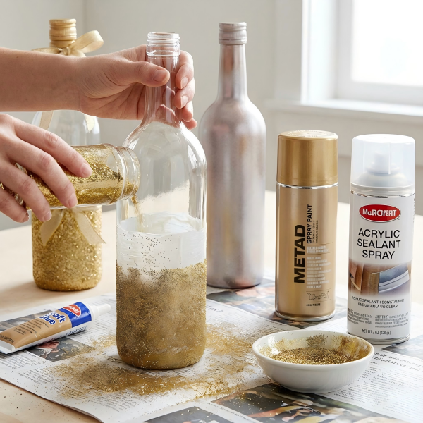 A spirit bottle decorated with gold glitter on its lower half