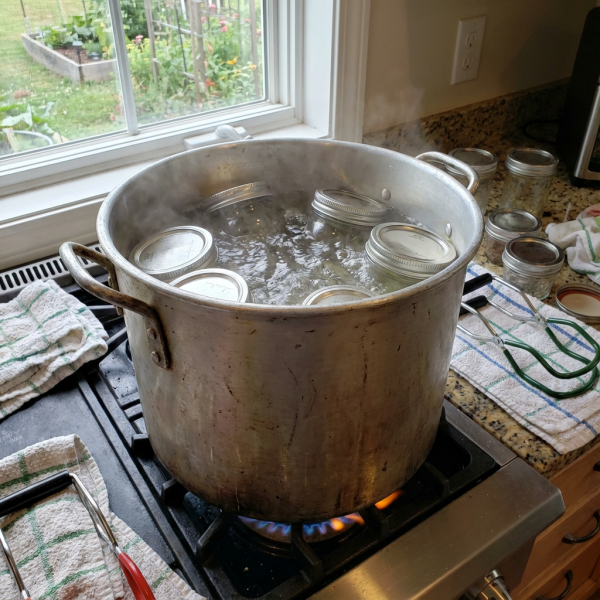 Jars submerged in a large pot of rolling boiling water on a stove