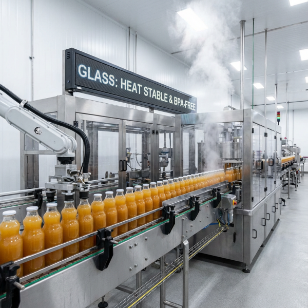 An industrial bottling line showing glass juice bottles being filled and capped.
