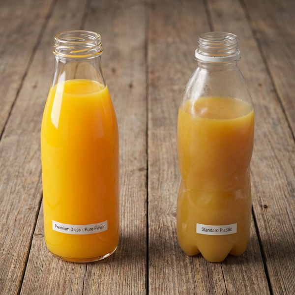 A side-by-side comparison of a vibrant juice in a clear glass bottle and a duller-looking one in a plastic bottle.