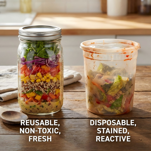 A Mason jar filled with colorful layered salad next to a stained plastic container