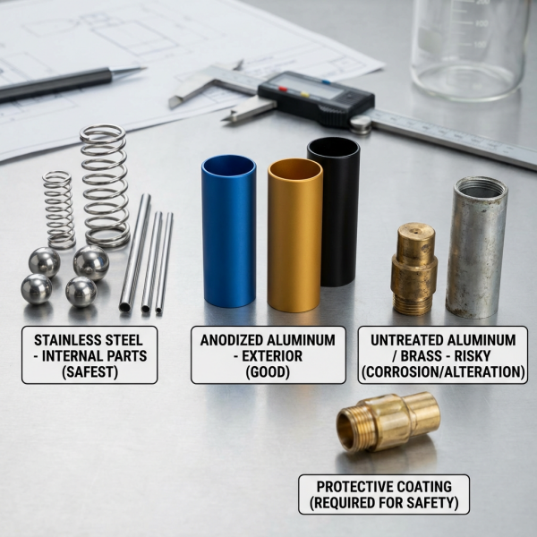 An assortment of metal perfume pump components like springs and casings