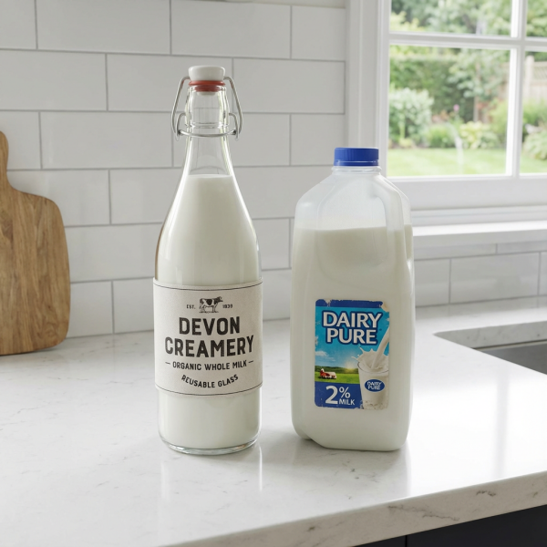 A premium glass milk bottle next to a plastic milk jug on a clean kitchen counter.