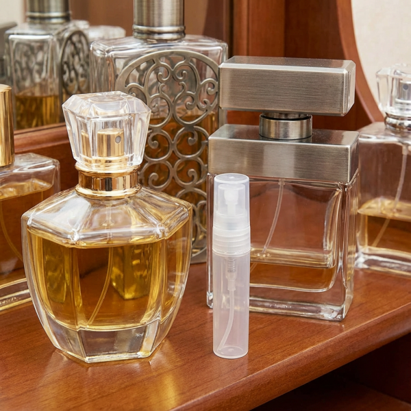 Different materials used for perfume bottles like glass, plastic, and metal caps