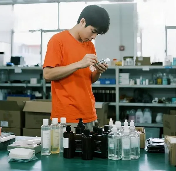 A quality control inspector examining perfume bottles on a production line