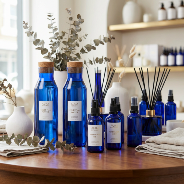 An elegant display of luxury water and room spray products packaged in beautiful cobalt blue glass bottles.