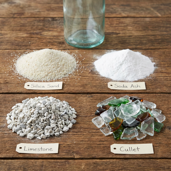 An image displaying the four raw materials for glass: silica sand, soda ash, limestone, and cullet.