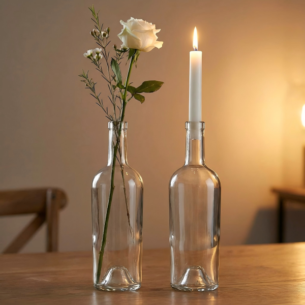 A tall spirit bottle used as a vase for a single flower stem