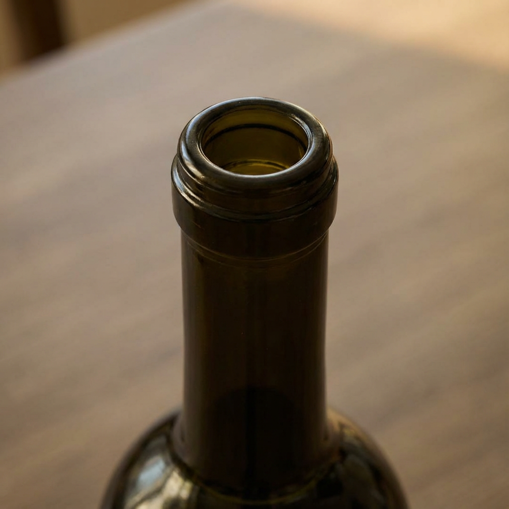 A close-up shot of the finish and neck of a wine bottle.