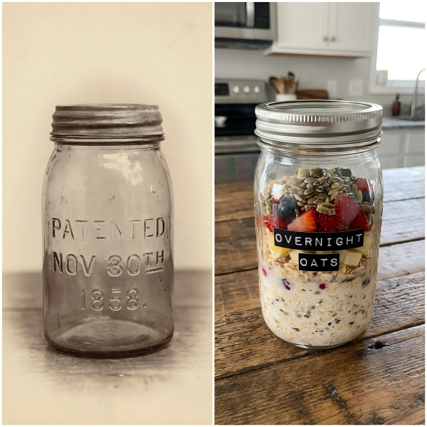 A historical image of an early Mason jar contrasted with a modern one used for overnight oats