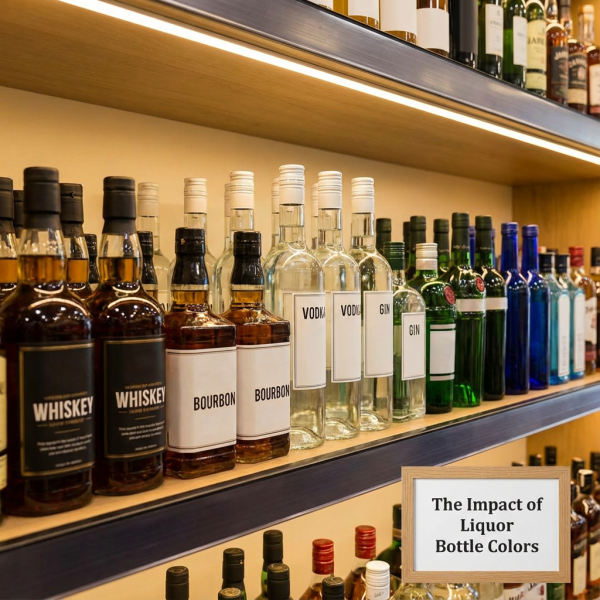 An assortment of colored liquor bottles on a shelf