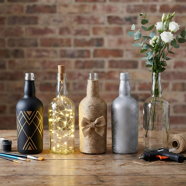 A collection of decorated spirit bottles showing different DIY techniques