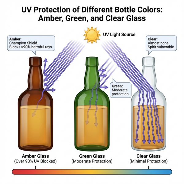 A diagram showing UV light being blocked by different colored glass bottles