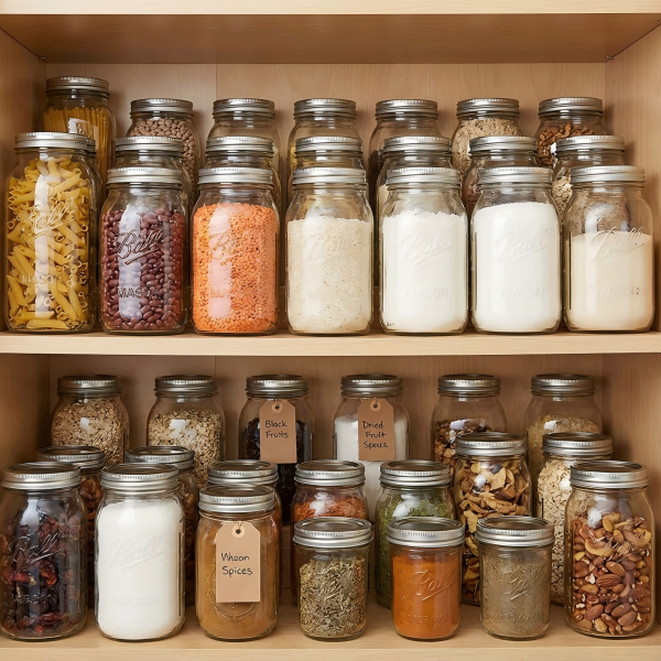 A well-organized pantry with various sizes of Mason jars storing dry goods