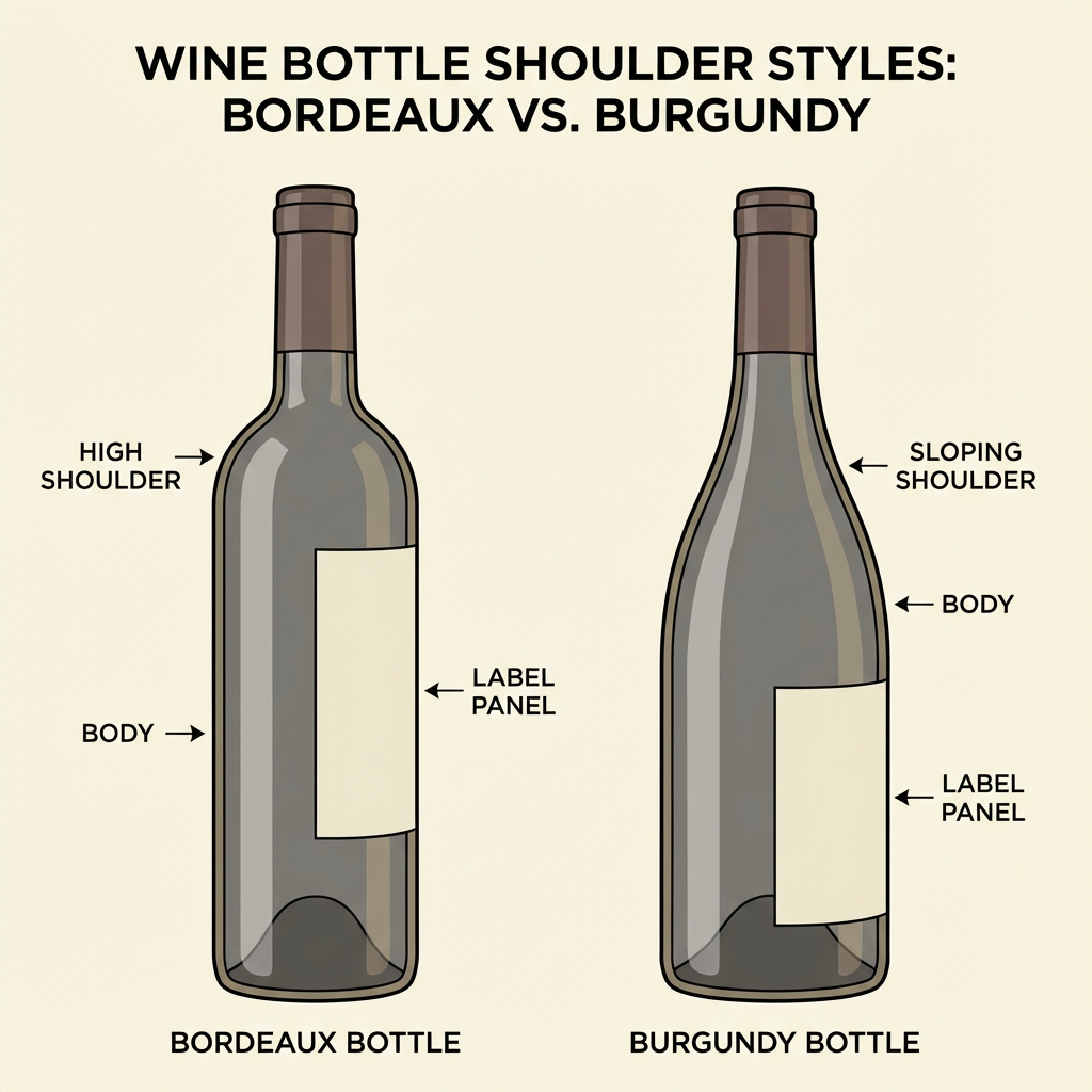 An image comparing the high shoulders of a Bordeaux bottle to the sloping shoulders of a Burgundy bottle.