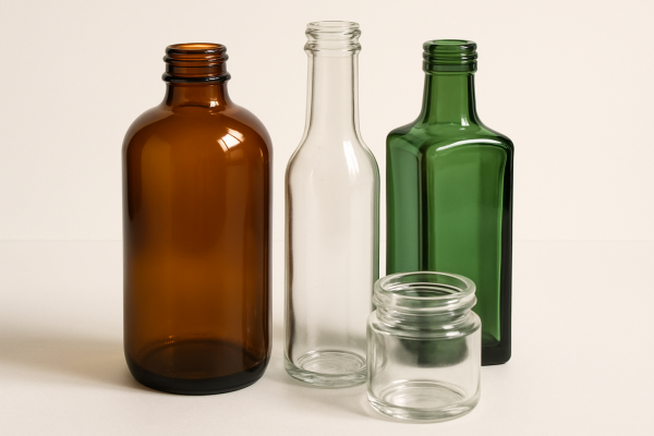 Image: A collage of different glass bottle shapes and colors, including Amber Boston Round, clear Woozy, and green square bottles.