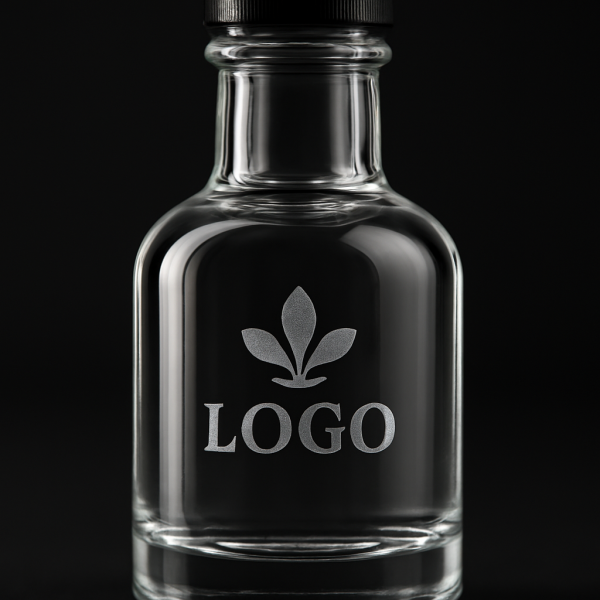 A close-up of a high-flint glass mini liquor bottle with a custom frosted logo, emphasizing quality and branding.
