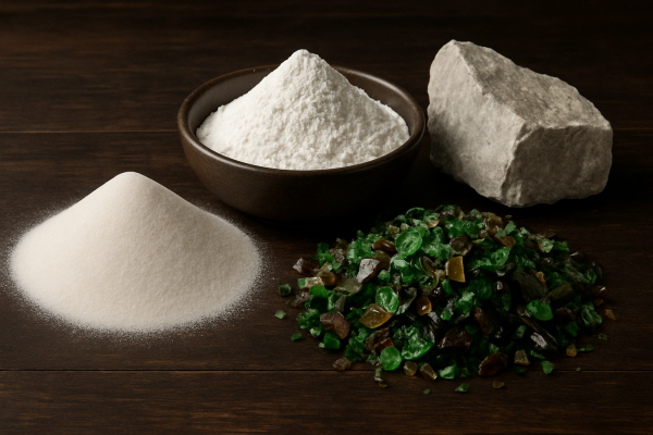 Image: The four raw materials for glass bottles: Silica Sand, Soda Ash, Limestone, and Cullet.