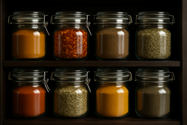 A variety of spices stored in beautiful, airtight, dark-colored glass jars in a dark pantry