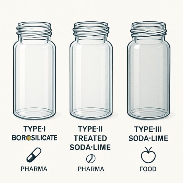 Image: Comparison of Type I Borosilicate, Type II Treated Soda-Lime, and Type III Soda-Lime glass vials.