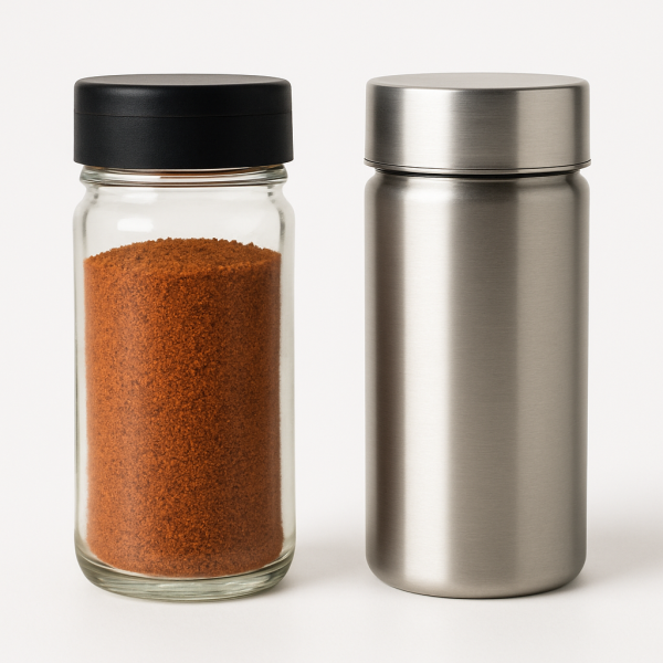 Side-by-side comparison of a clear glass spice jar and an opaque stainless steel container