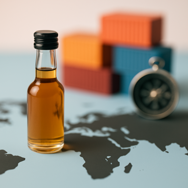 A mini liquor bottle on a world map with shipping containers in the background, symbolizing global sourcing and logistics.