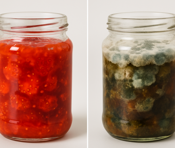 Side-by-side comparison of a spoiled jar and a perfectly preserved jar