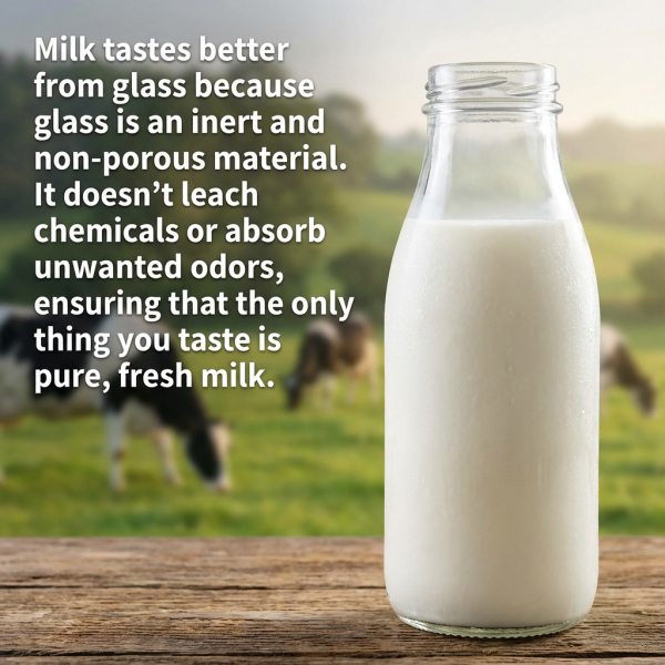 A close-up shot focusing on the purity of milk seen through a clear glass bottle.