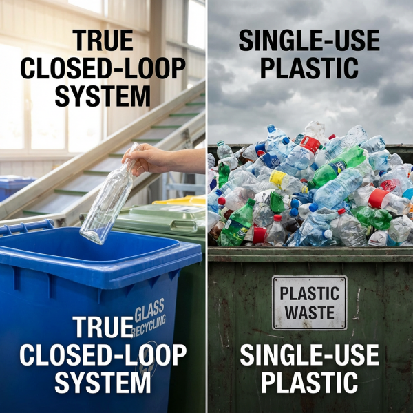 A split image showing a clean glass bottle being recycled versus a pile of crumpled plastic bottles.