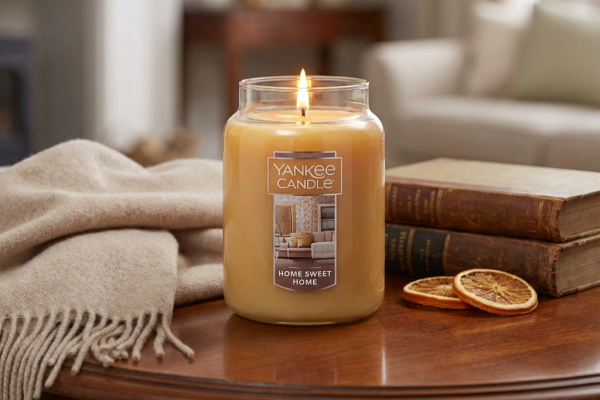 A collection of Yankee Candles in their signature glass jars.