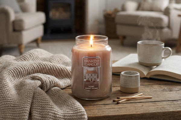 A person enjoying the ambiance of a lit Yankee Candle.