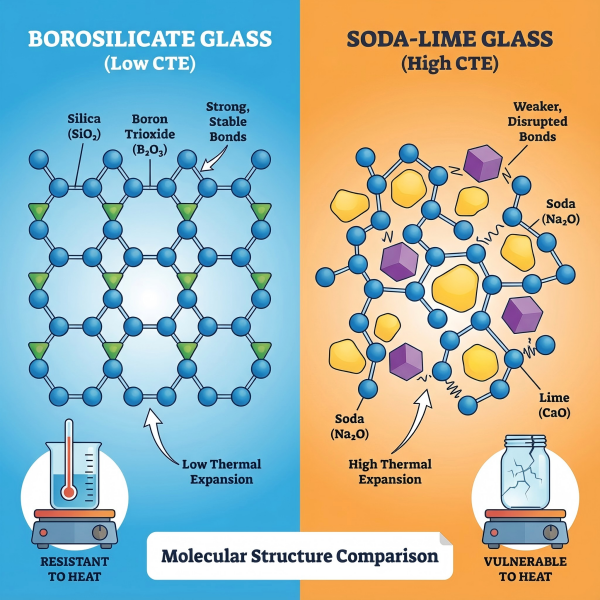 An illustration showing the molecular structure of borosilicate glass.