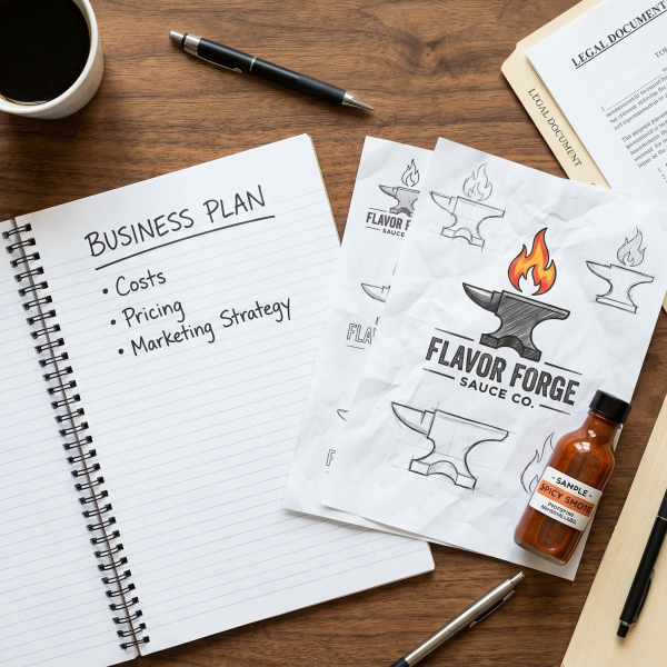 A notebook with a business plan next to logo sketches and a bottle of sauce