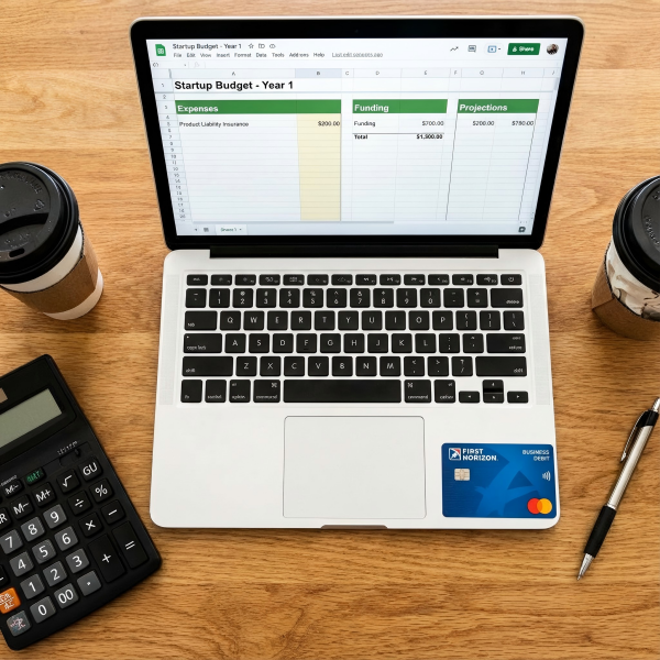 A calculator and spreadsheet showing a startup budget next to a business bank card