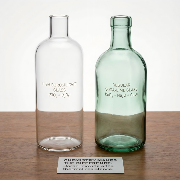 A high-quality photo comparing a crystal clear high borosilicate bottle next to a regular glass bottle with a slight green tint.