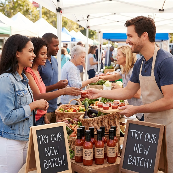 A friendly vendor offering sauce samples at a bustling farmers' market stall