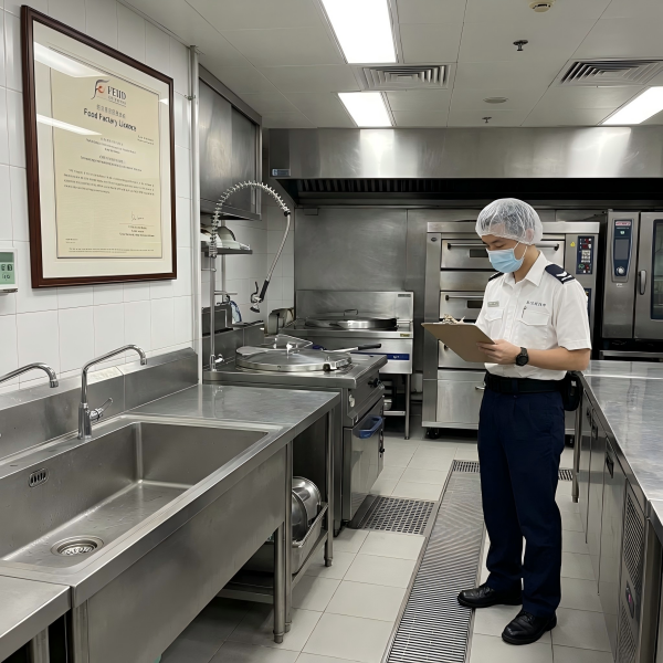 A health inspector reviewing a clean, stainless-steel commercial kitchen