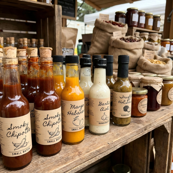 An array of artisanal sauce bottles on a shelf