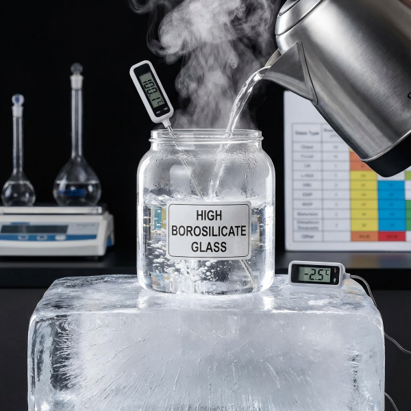 A high borosilicate glass jar being filled with boiling water while sitting on a block of ice to show thermal shock resistance.