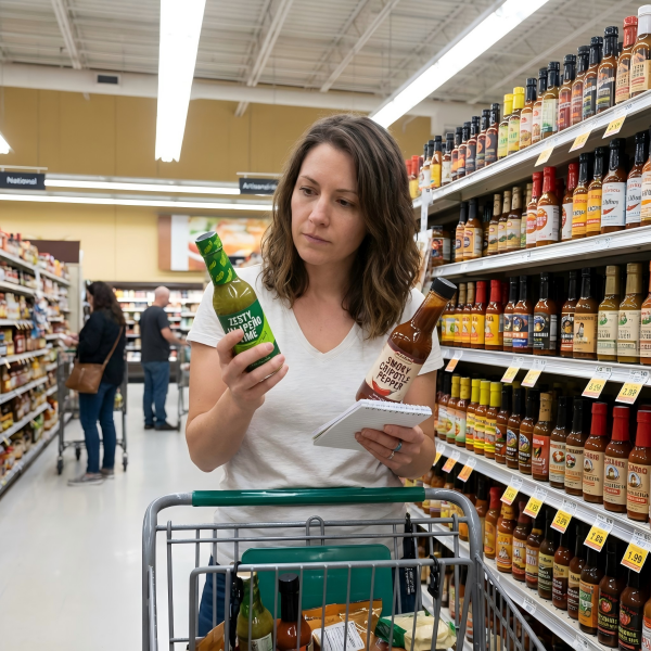 A person comparing different sauce bottles in a supermarket aisle
