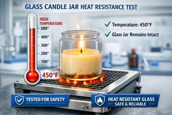 Infographic showing a glass candle jar being tested for heat resistance, confirming safety standards.