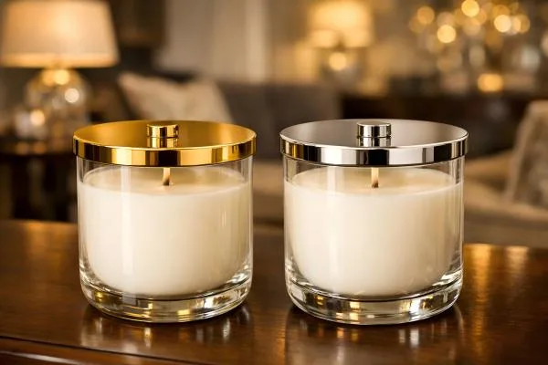 Two luxury glass candle jars with elegant gold and silver metallic lids, filled with white soy wax, set in a high-end living room.