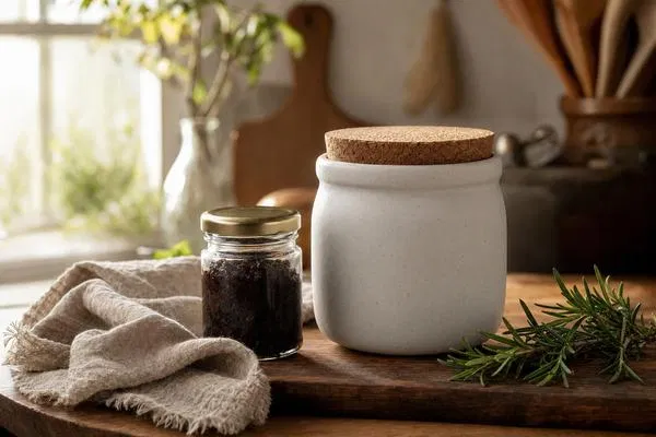 Artisan ceramic jar next to a sleek glass condiment bottle