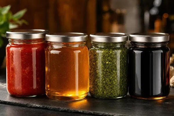 Premium glass jars filled with colorful sauces and honey